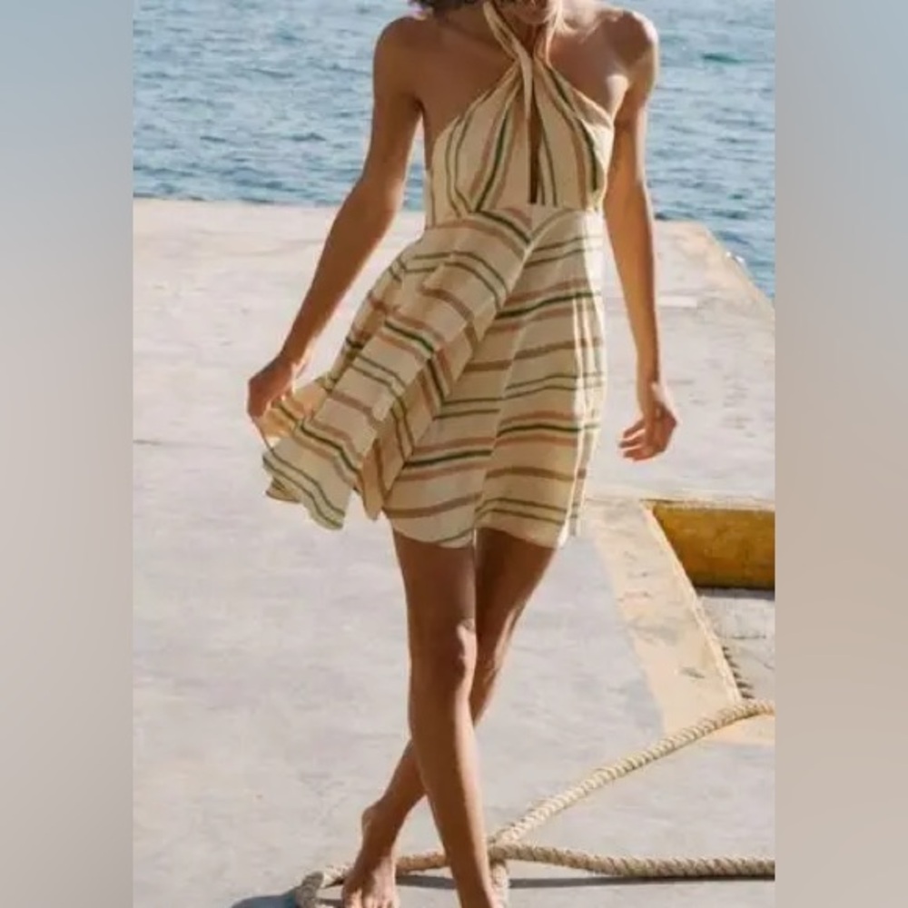 NEW ZARA Linen Blend Striped Mini Swing Dress Halterneck Cream 6929/303/ Size S